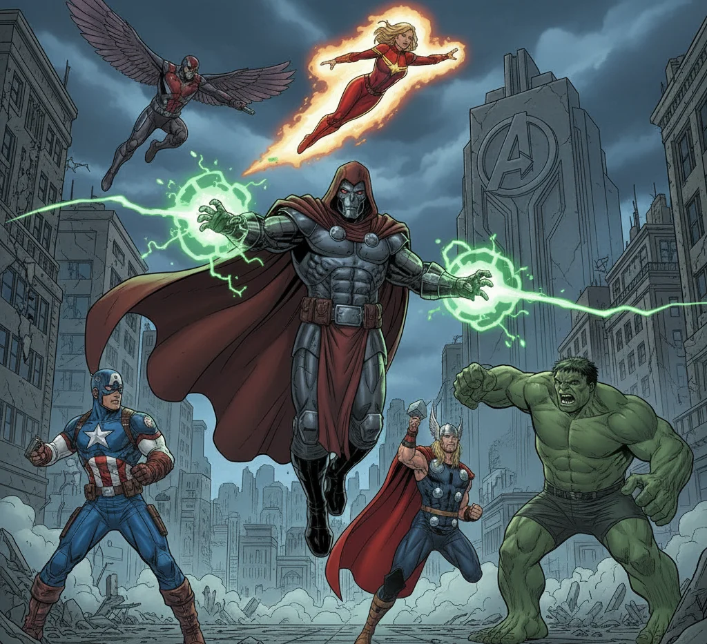Diseño gráfico del Doctor Doom enfrentándose a Los Vengadores.