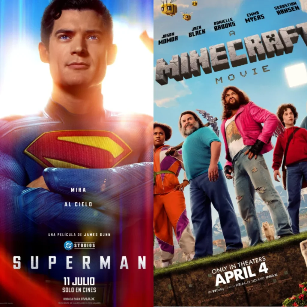 Mosaico de afiches de 'Superman' y 'Una película de Minecraft'.