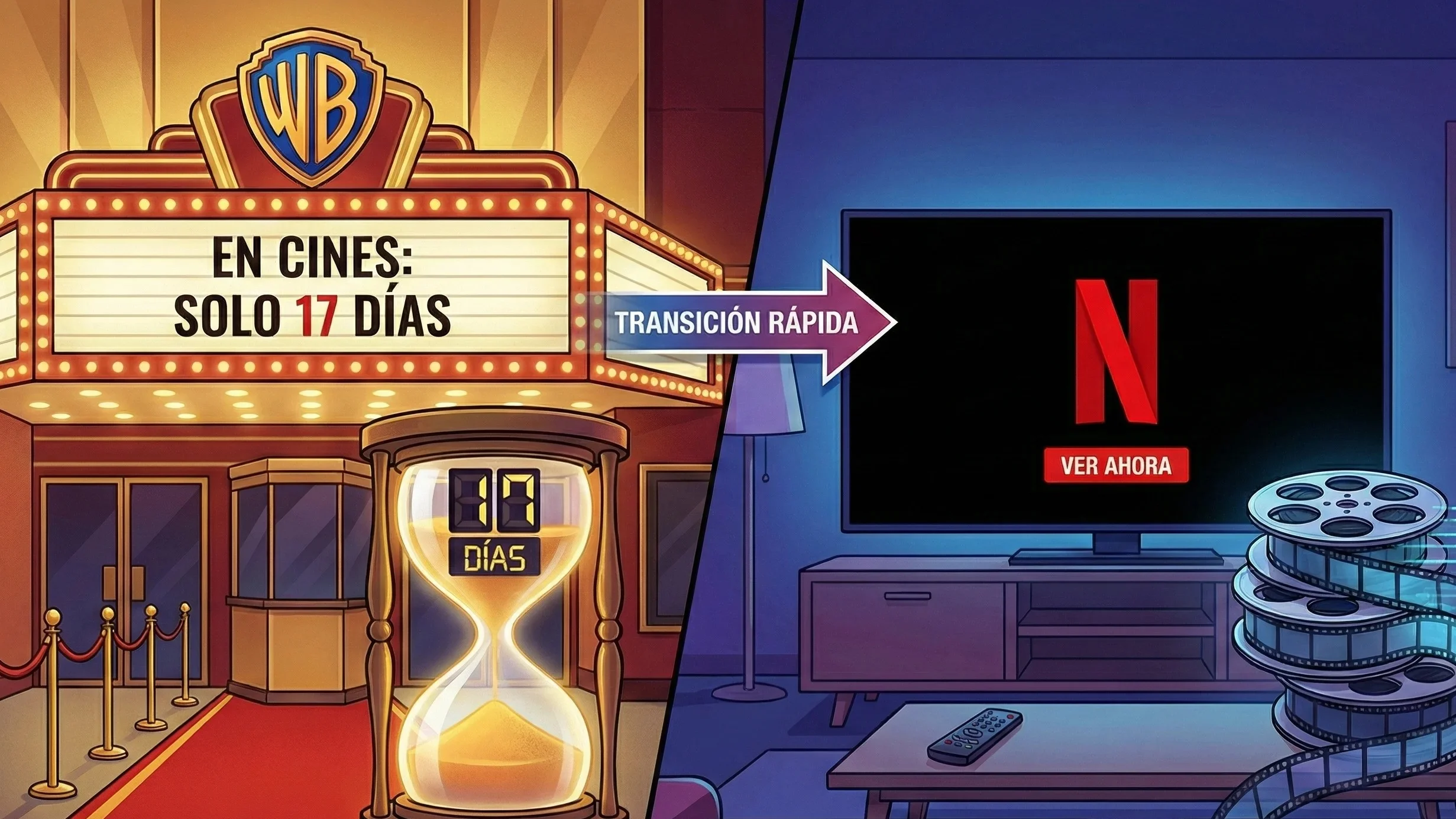 Diseño gráfico de teatro de cine con logo de Warner Bros. y TV con Netflix conectado.