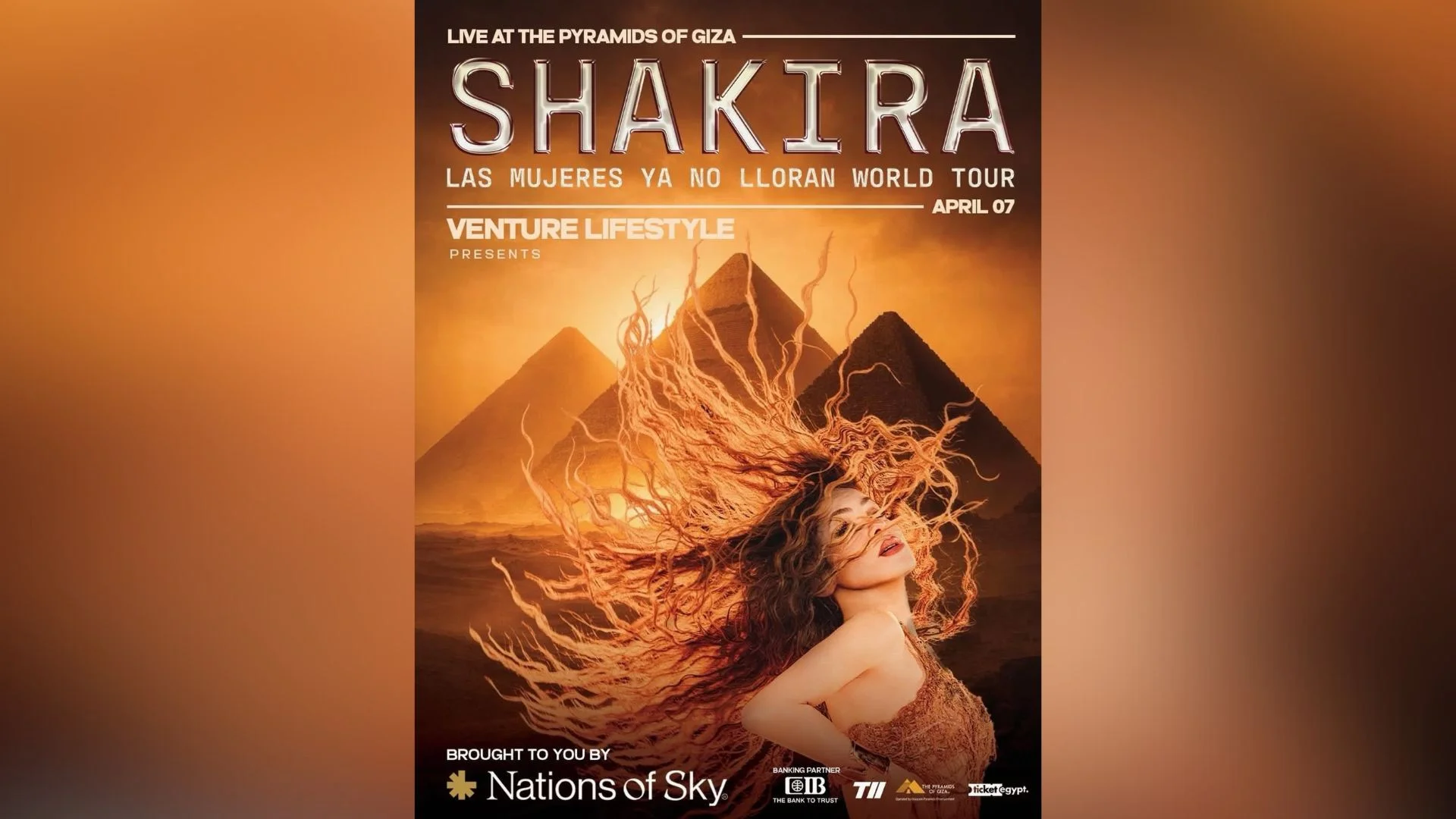 Póster del próximo concierto de Shakira en las pirámides de Giza, Egipto.