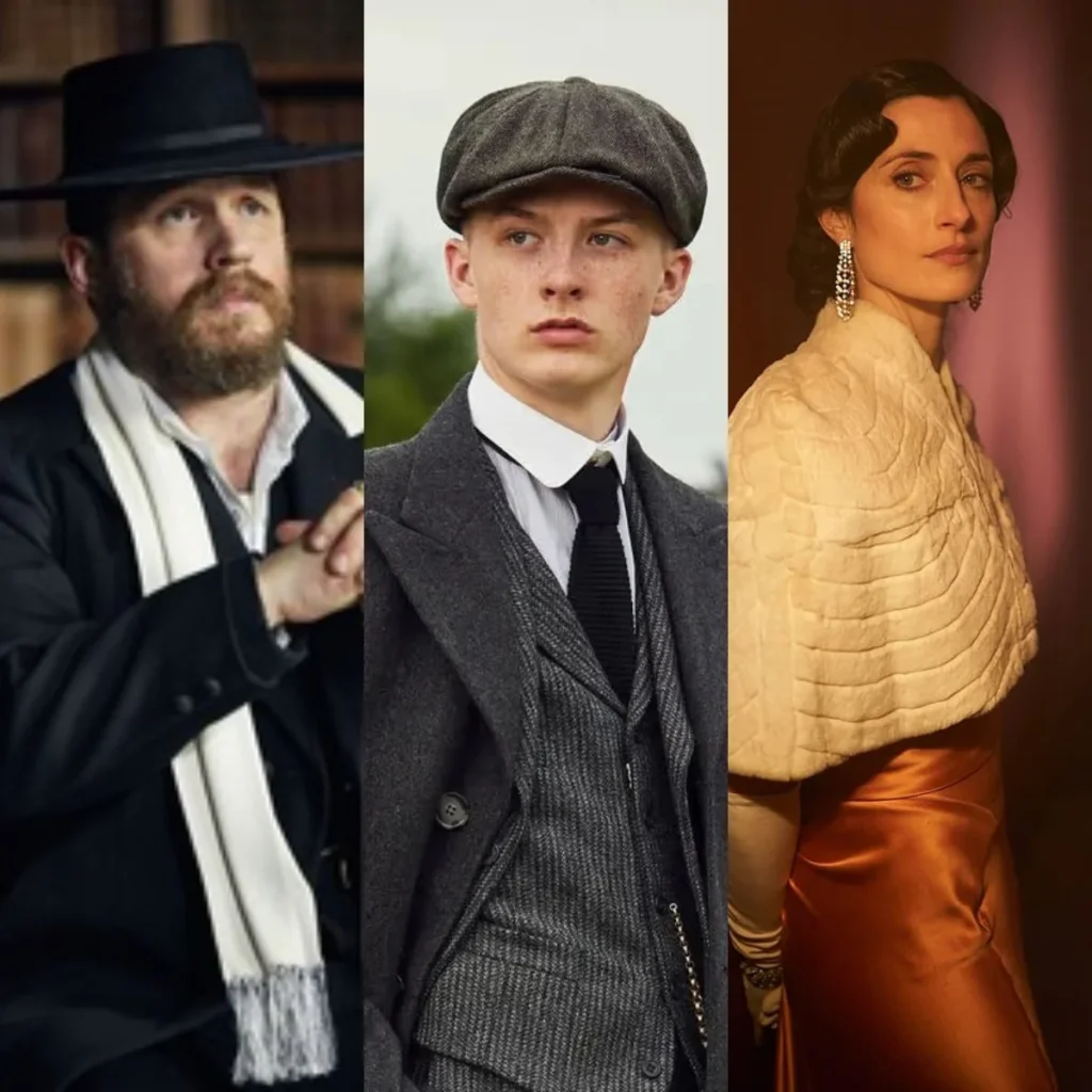 Mosaico de Alfie Solomons, Finn Shelby y Lissie Stark, personajes de 'Peaky Blinders'.