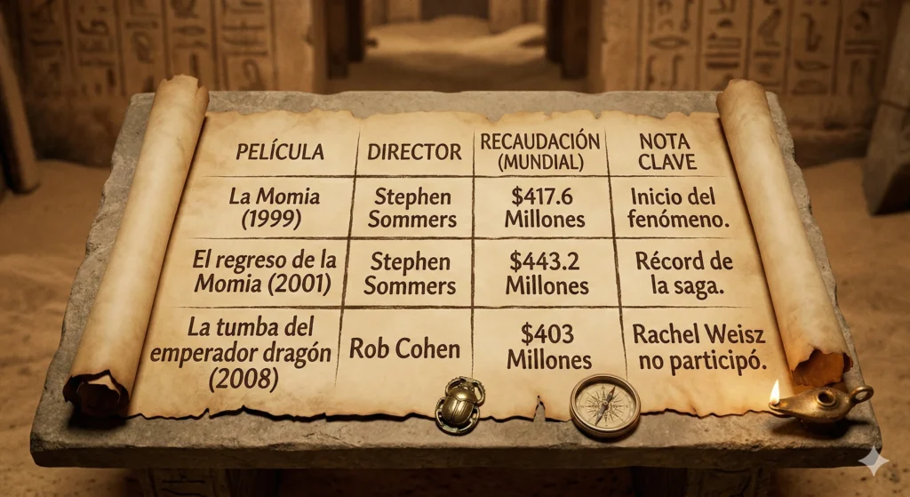 Diseño gráfico de ficha de saga de 'La Momia'.