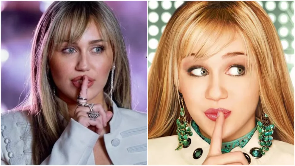Mosaico de la pose distintiva de Miley Cyrus en Hannah Montana, actualmente y en la serie original.