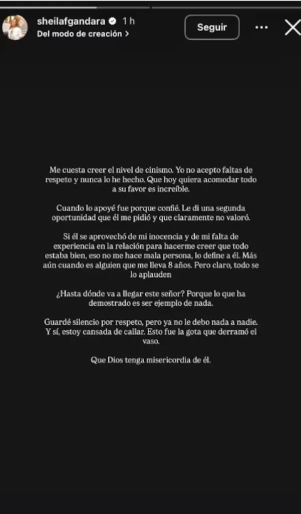 Escrito de pareja de Juanda Caribe, miembro de La casa de los famosos Colombia, en Instagram.