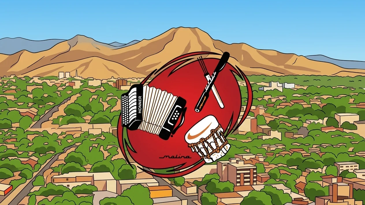 Diseño gráfico del logo del Festival de la Leyenda Vallenata con fondo de Valledupar en vista panorámica.