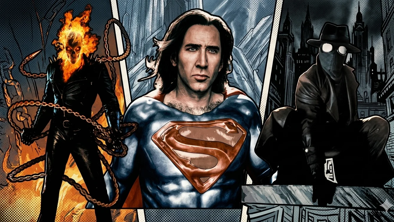 Diseño gráfico de Nicolas Cage y personajes que ha interpretado, el Vengador Fantasma, Superman y Spider-Man Noir.