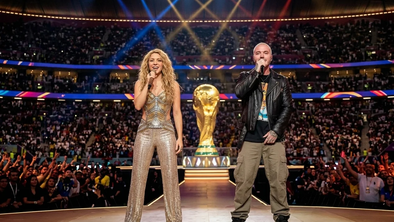 Diseño gráfico de Shakira y J Balvin, artistas colombianos que estarán en la inauguración del Mundial 2026.