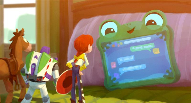Escena de Tiro Al Blanco, Buzz y Jessie charlando con Lilypad, nueva personaje en 'Toy Story 5'.