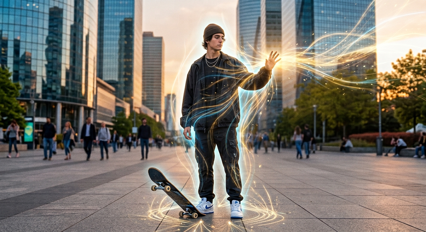 Diseño gráfico de 'farmear aura', de un joven en la calle mientras usa su patineta.