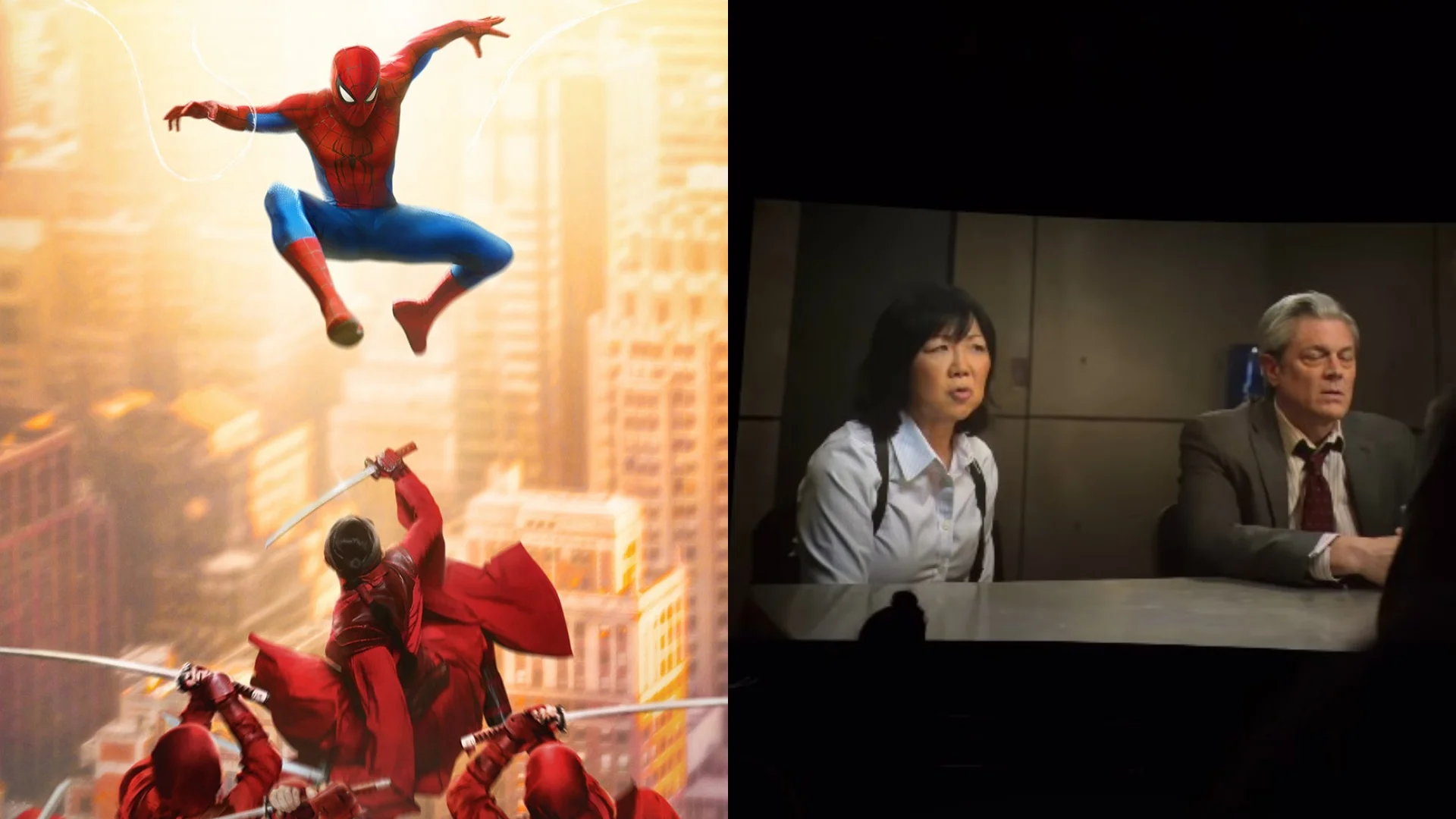 Mosaico de póster de Spider-Man Brand New Day y la proyección equivocada en una sala de cine.