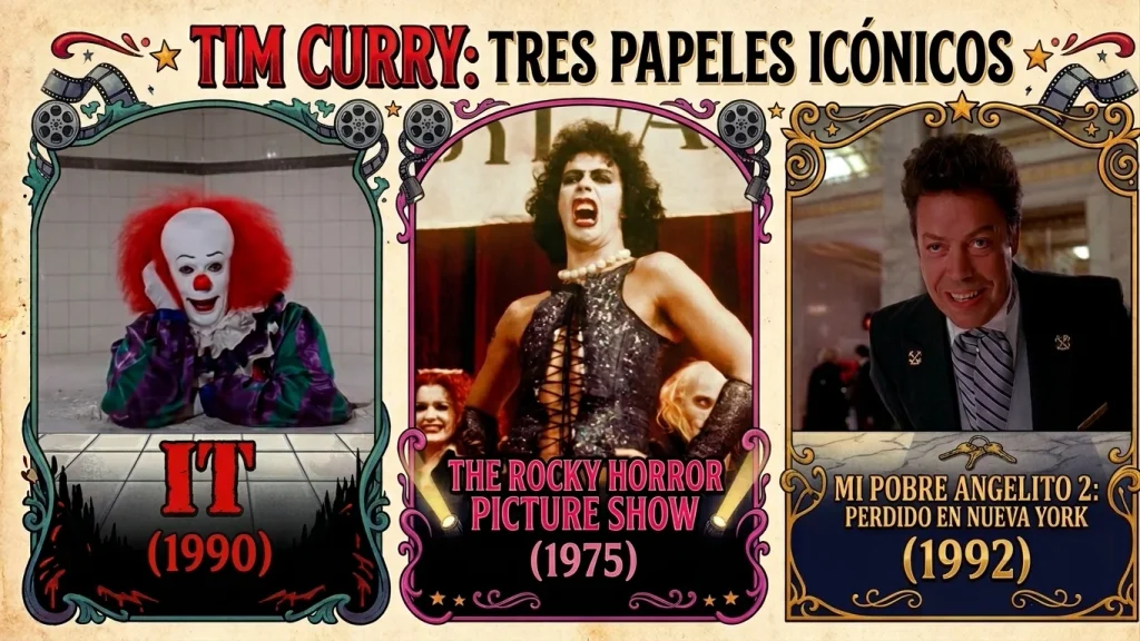 Diseño gráfico de tres papeles icónicos de Tim Curry.